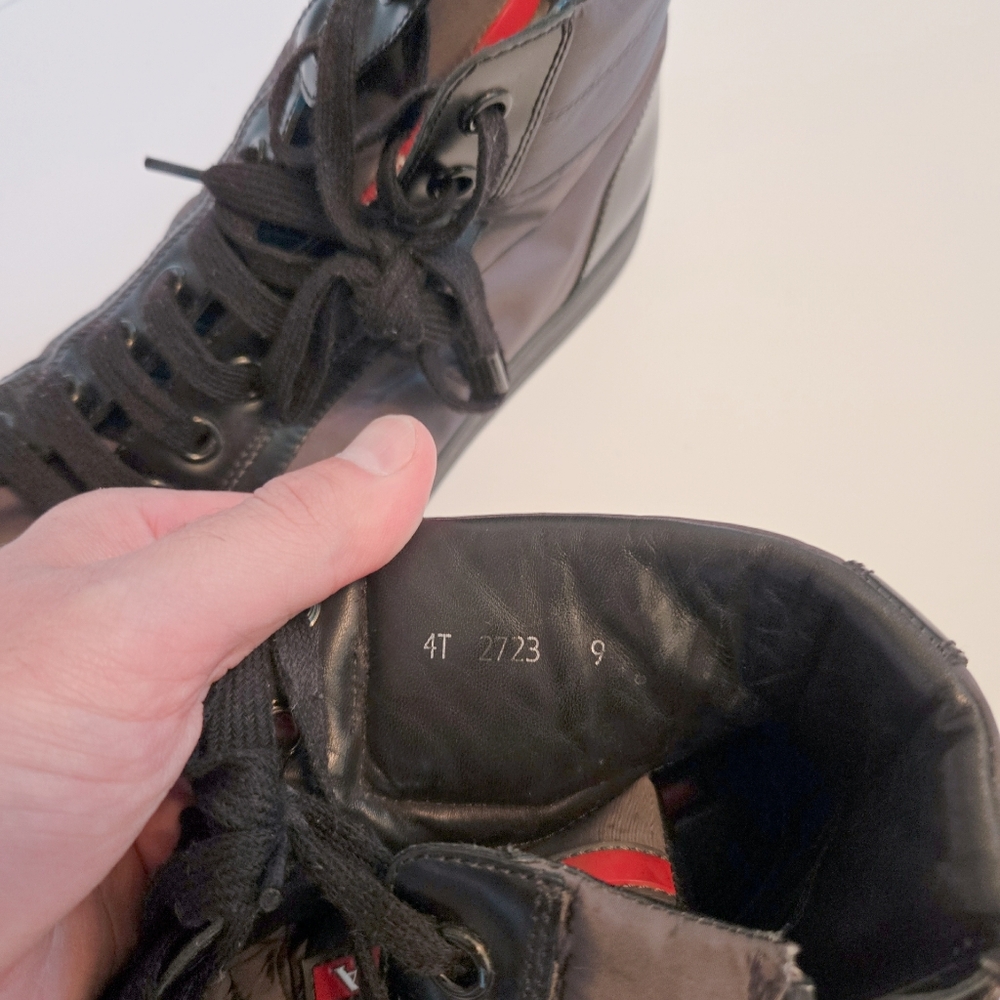 PRADA Mens High Top Nylon And Leather Red Stripe Luna Rosa Sport Style Sneaker - Picture 7 of 8